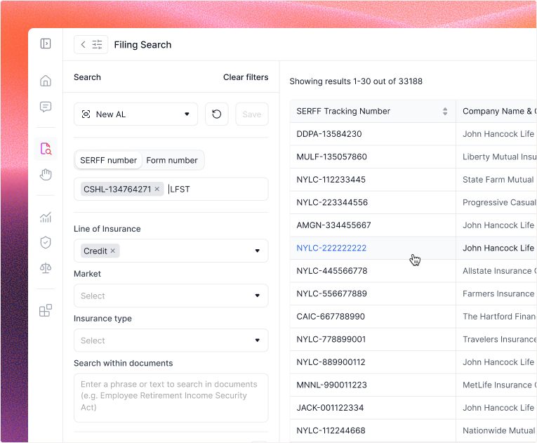Blaise Filing Search with filters and source filing results