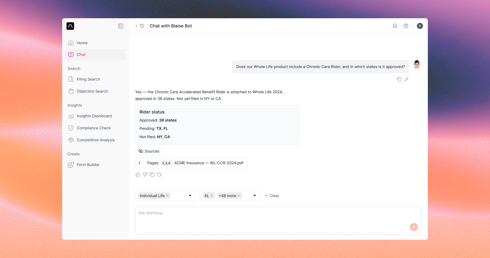 Blaise Chat answering an insurance question with source citations