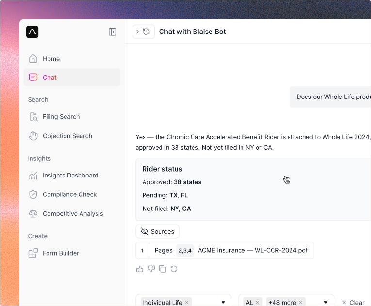 Blaise Chat answering an insurance question with rider status and cited source documents
