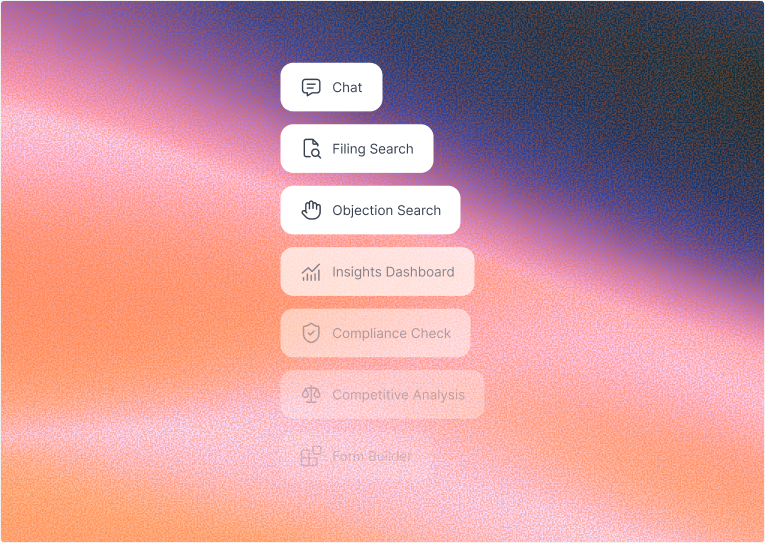Blaise modules: Chat, Filing Search, Objection Search, Insights Dashboard, Compliance Check, Competitive Analysis, and Form Builder